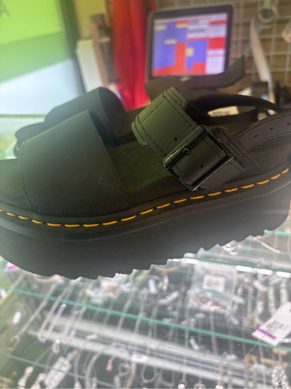 Dr. Martens Black Platform Sandals with Yellow Stitching
